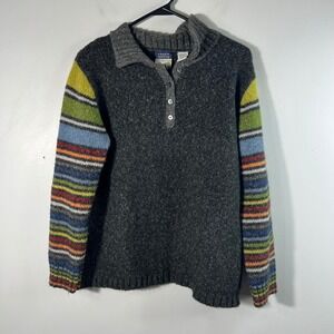 Vintage Cousin Johnny Wool Blend 1/4 Button Sweater Striped Sleeve XL Gray Multi